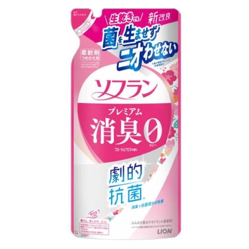 Lion Кондиционер для белья "SOFLAN" (с мощным антибактериальным эффектом для защиты от неприятного запаха "Premium Deodorizer 323" - натуральный аромат цветов) 380 мл, мягкая упаковка