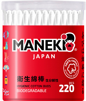 Maneki Палочки ватные RED с белым бумажным стиком в пластиковом стакане 220 шт