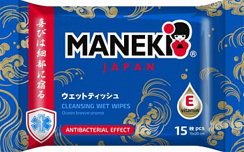 Maneki Салфетки влажные KAITEKI антибактериальные Морская свежесть 15 шт