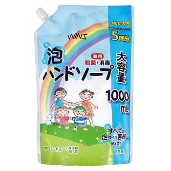 Nihon Detergent Семейное жидкое мыло-пенка для рук "Wins Hand soap" с экстрактом Алоэ Вера с антибактериальным эффектом 1000 мл, мягкая упаковка с крышкой