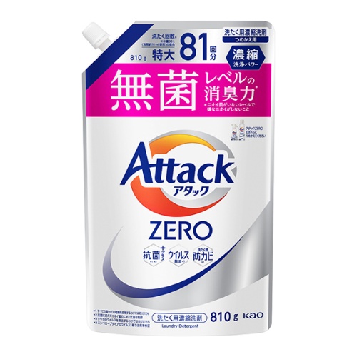 KAO Жидкое средство для стирки "Attack ZERO" (суперконцентрат, для любых типов стиральных машин) 810 г, сменная упаковка с крышкой