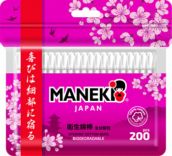 Maneki Палочки ватные SAKURA с белым бумажным стиком в zip-пакете 200 шт