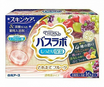 Hakugen Earth "HERS Bath Labo" Увлажняющая соль для ванны с восстанавливающим эффектом на основе углекислого газа с гиалуроновой кислотой (с ароматами яблока, персика, груши, винограда), 45 гр.*16 табл.