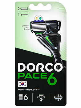 Dorco Бритва PACE6, 6-лезвийная, крепление PACE, плавающая головка (1 станок, 2 кассеты)