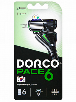 Dorco Бритва PACE 6, 6-лезвийная, крепление PACE, плавающая головка (1 станок, 2 кассеты) SXA1002