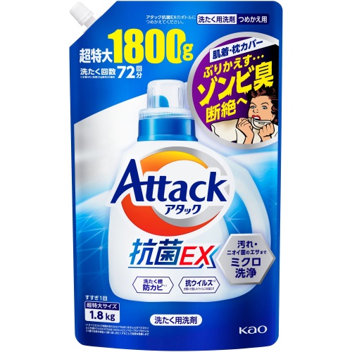 KAO Жидкое средство для стирки "Attack EX" (концентрат тройного действия) 1,8 кг, мягкая упаковка с крышкой